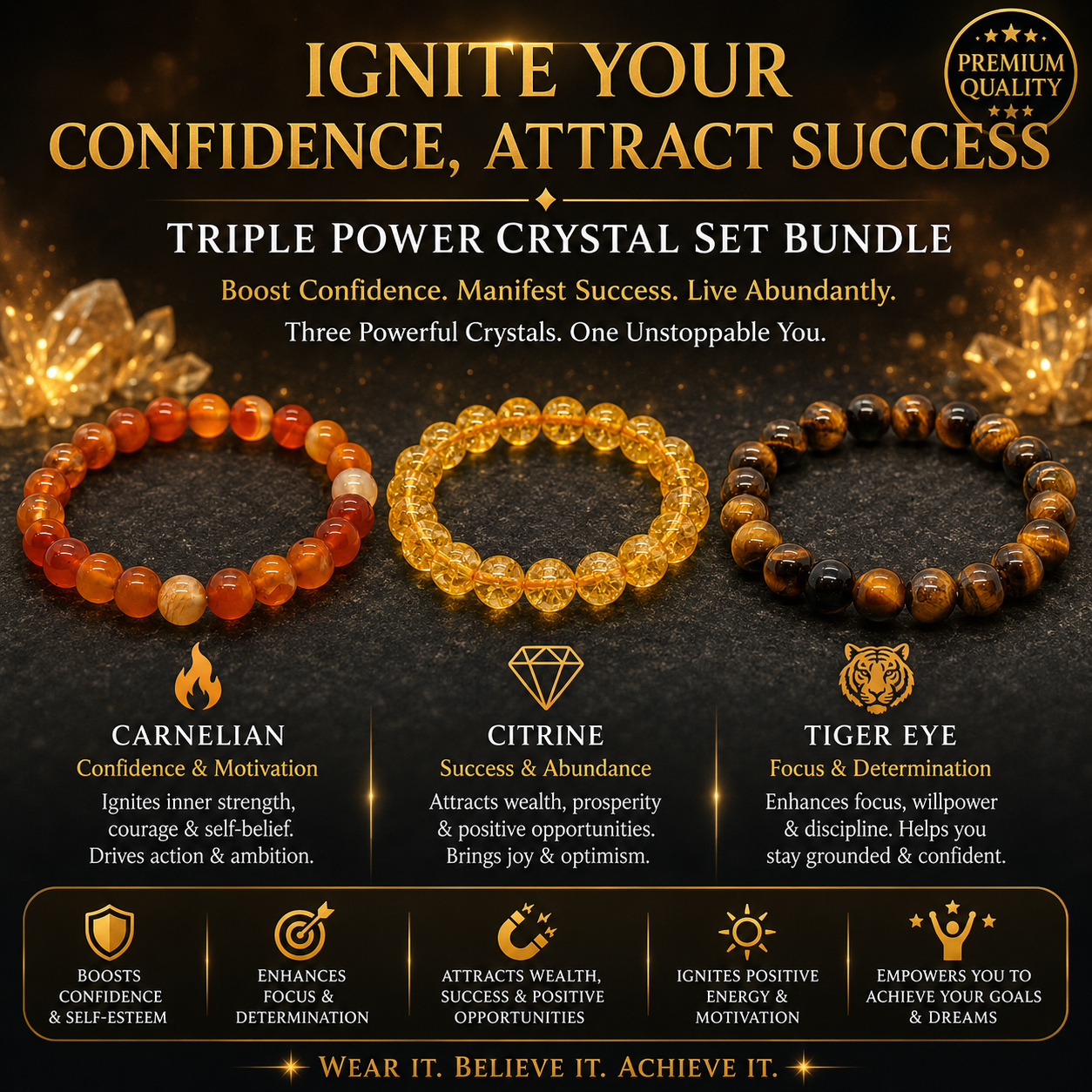 Confidence & Success Bundle — Tiger Eye + Citrine + Carnelian Bracelets
